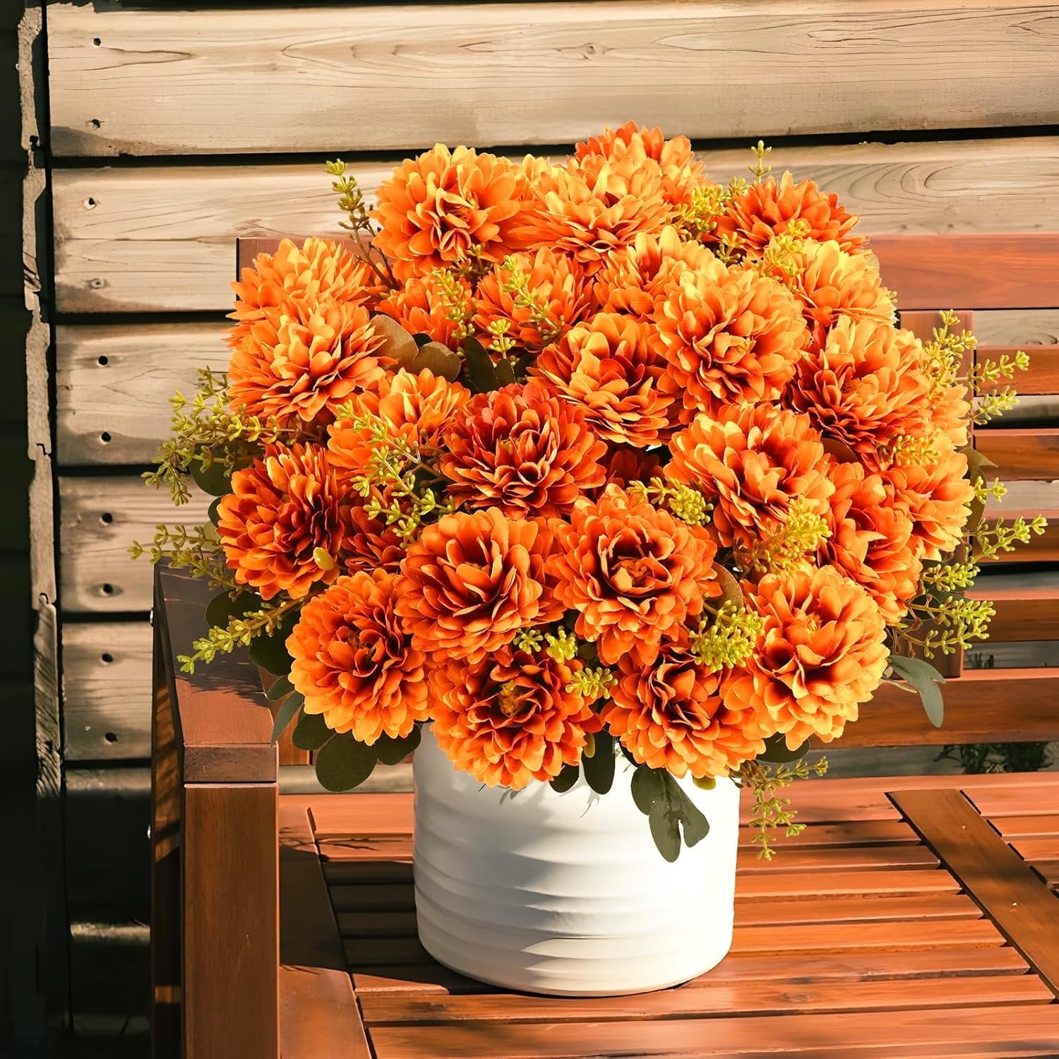 12 Pcs Artificial Fall Flowers - Faux Silk Mums In Burnt Orange, Red, Yellow For Vase, Wedding, Home Autumn Decor
