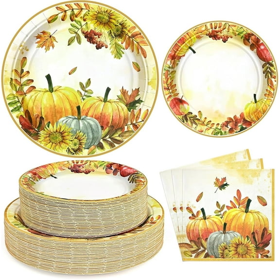 Sevenstars 200Pcs Fall Paper Plates and Napkins,Thanksgiving Disposable Ware Sets Party Supplies for Autumn Thanksgiving Harvest Table Decor for 50 Guests