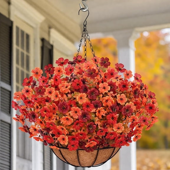 Yastouay Fall Fake Hanging Plants,12 Bundles Fake Boxwood Voilet Artificial Flowers Hanging Basket for Outdoors Fall Decorations for Home(Orange,Brown)