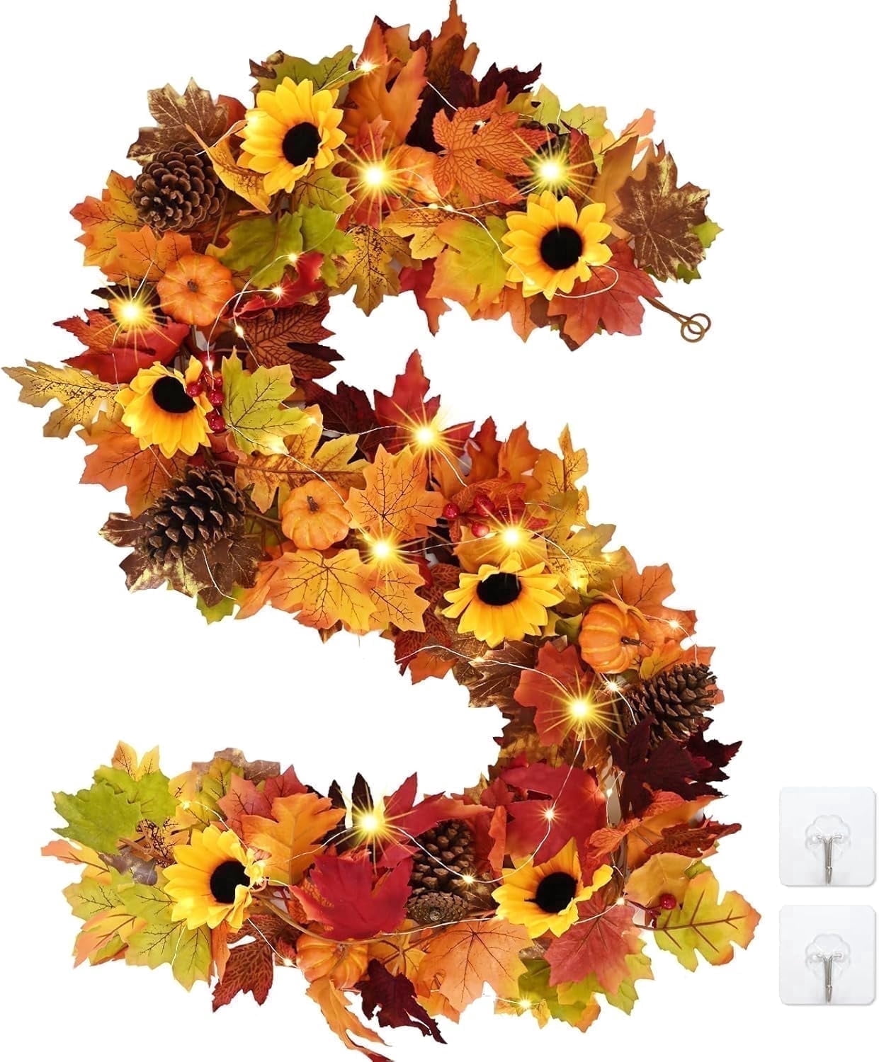 Yastouay 5.7Ft Fall Garland with Lights, Autumn Maple Leaves Garland ...