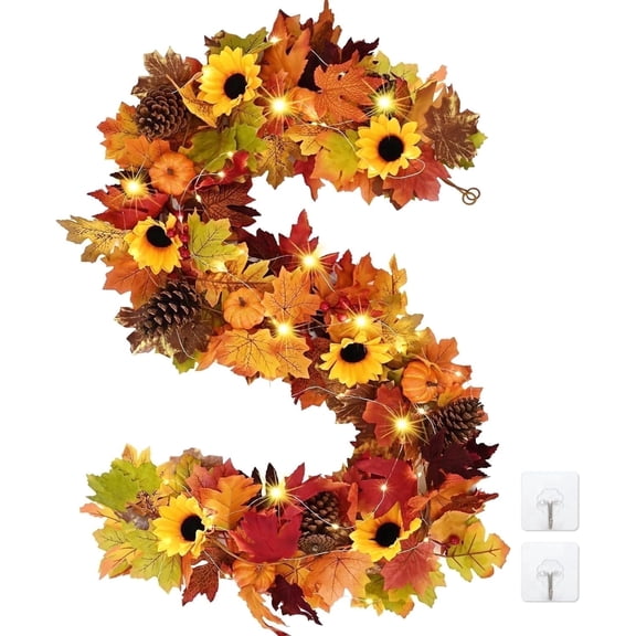 Yastouay 5.7Ft Fall Garland with Lights, Autumn Maple Leaves Garland with Sunflowers Fall Decor for Thanksgiving