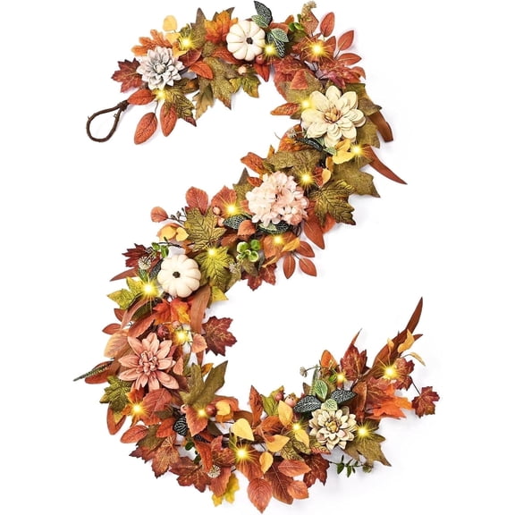 Yastouay 6Ft Fall Garland with Light, Maple Leaves Garland with Pumpkins Fall Decor for Proch, Fireplace,Table