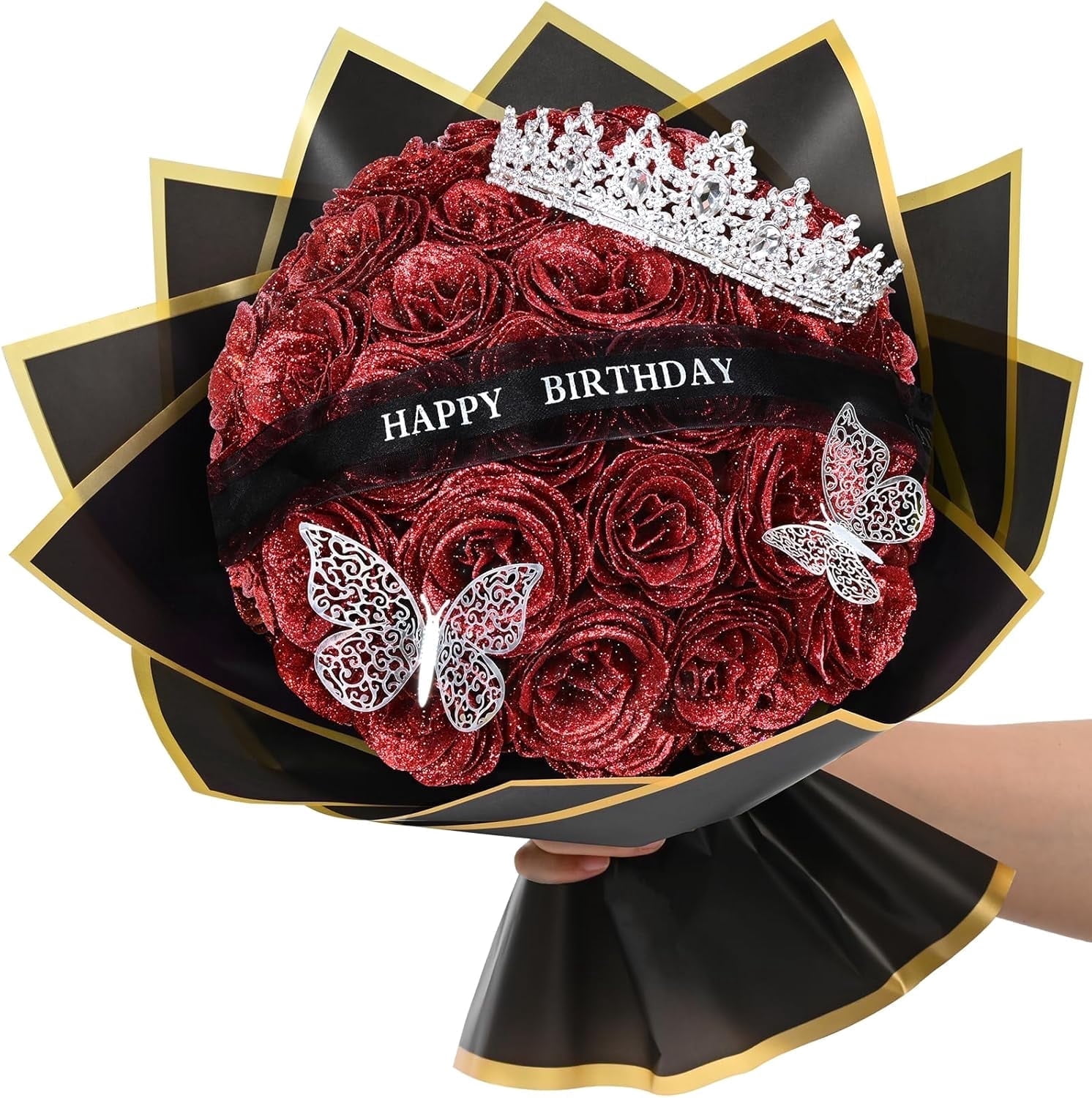 Yastouay Glitter Roses Bouquet, Fake Glitter Flowers Bouquet, Everlasting Shiny Artificial Rose Bouquet for Birthday Gift 36 Roses