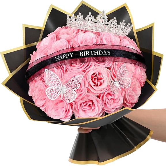 Yastouay Glitter Roses Bouquet,DIY Birthday Fake Roses,36Pcs Pink Everlasting Shiny Artificial Rose Bouquet As Birthday Gifts for Women