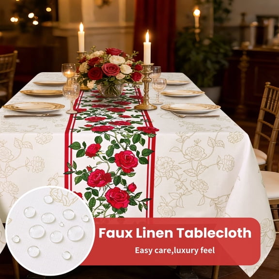 Sevenstars Floral Tablecloth Rectangle Faux Linen Table Cloth with Rose for Kitchen Romantic Dinner 60" x 84", Polyester Fabric