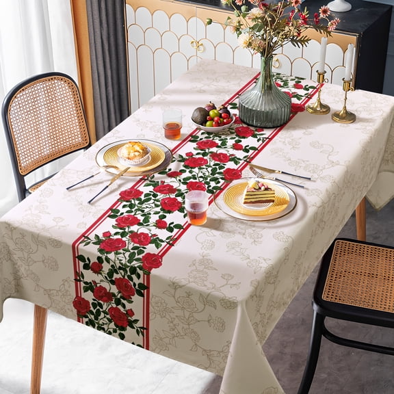 Sevenstars Floral Tablecloth Rectangle Faux Linen Table Cloth with Rose for Kitchen Romantic Dinner 60" x 84", Polyester Fabric