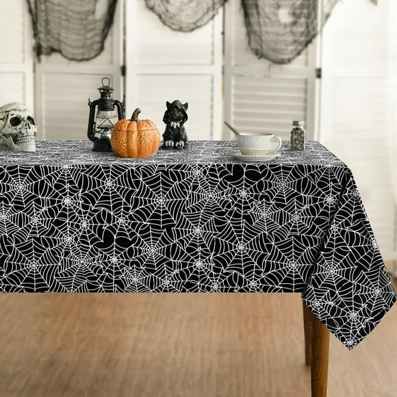 Sevenstars Halloween Tablecloth Black Spider Web Tablecloth Hot Silver Rectangle Table Cover for Dinner Party, 55" x 84"