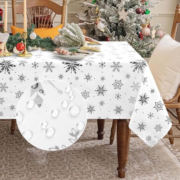 Yastouay Christmas Tablecloth Silver Snowflake Tablecloth White Rectangle Table Cover for Dinner Party, 60" x 120"