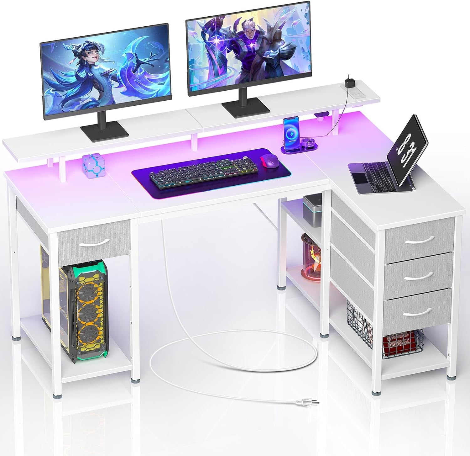 Seventable Gaming Desk 47.2 with LED Lights Power Outlets Small L Shaped Desk with 4 Drawers Computer Desk with Storage Shelves Corner Desk with Monitor Stand for Small Space Home Office