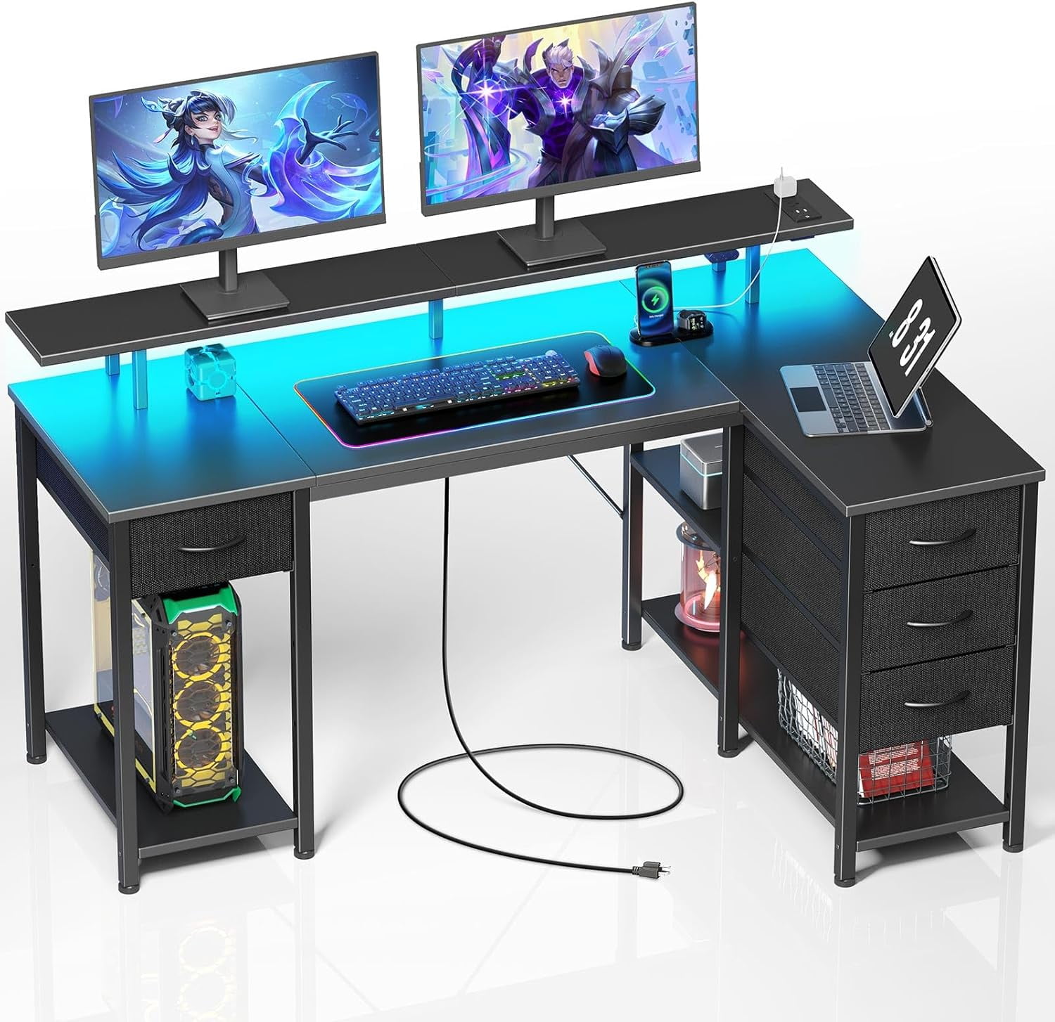 Seventable Gaming Desk 47.2 with LED Lights Power Outlets Small L Shaped Desk with 4 Drawers Computer Desk with Storage Shelves Corner Desk with Monitor Stand for Small Space Home Office