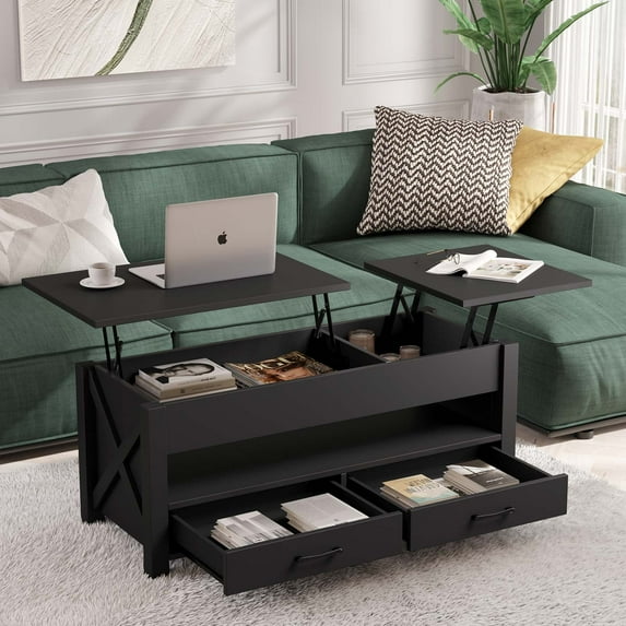 Greenstell Lift Top Coffee Table 47.2" with Storage Drawers and Hidden Compartment,Black