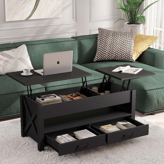 Greenstell Lift Top Coffee Table 47.2" with Storage Drawers and Hidden Compartment,Black