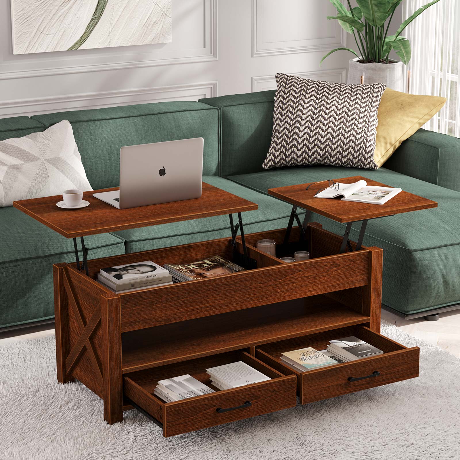 Greenstell Lift Top Coffee Table 47.2"with Storage Drawers and Hidden Compartment,Espresso