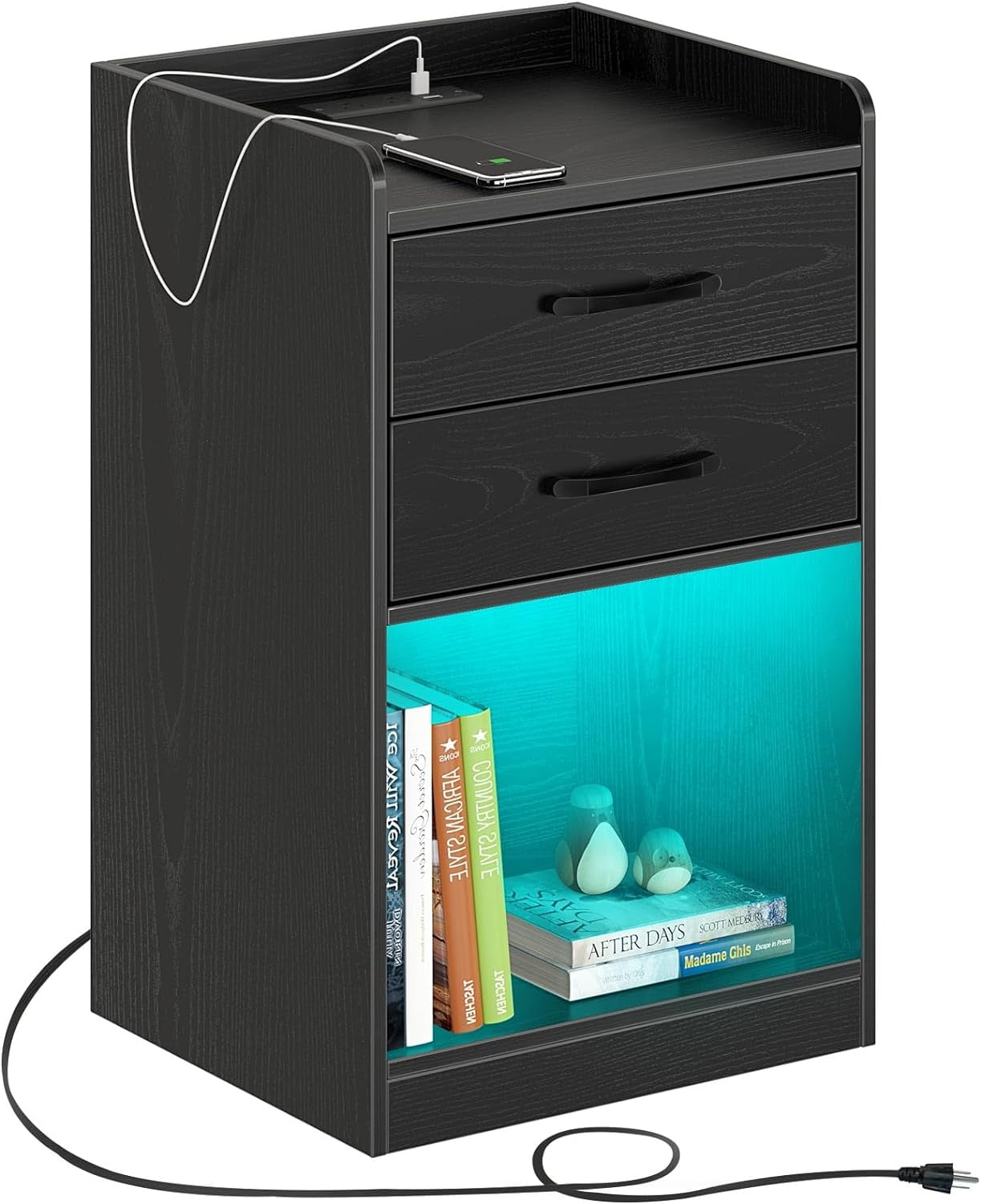 Black Particleboard Nightstand with LED Lights and Charging Station