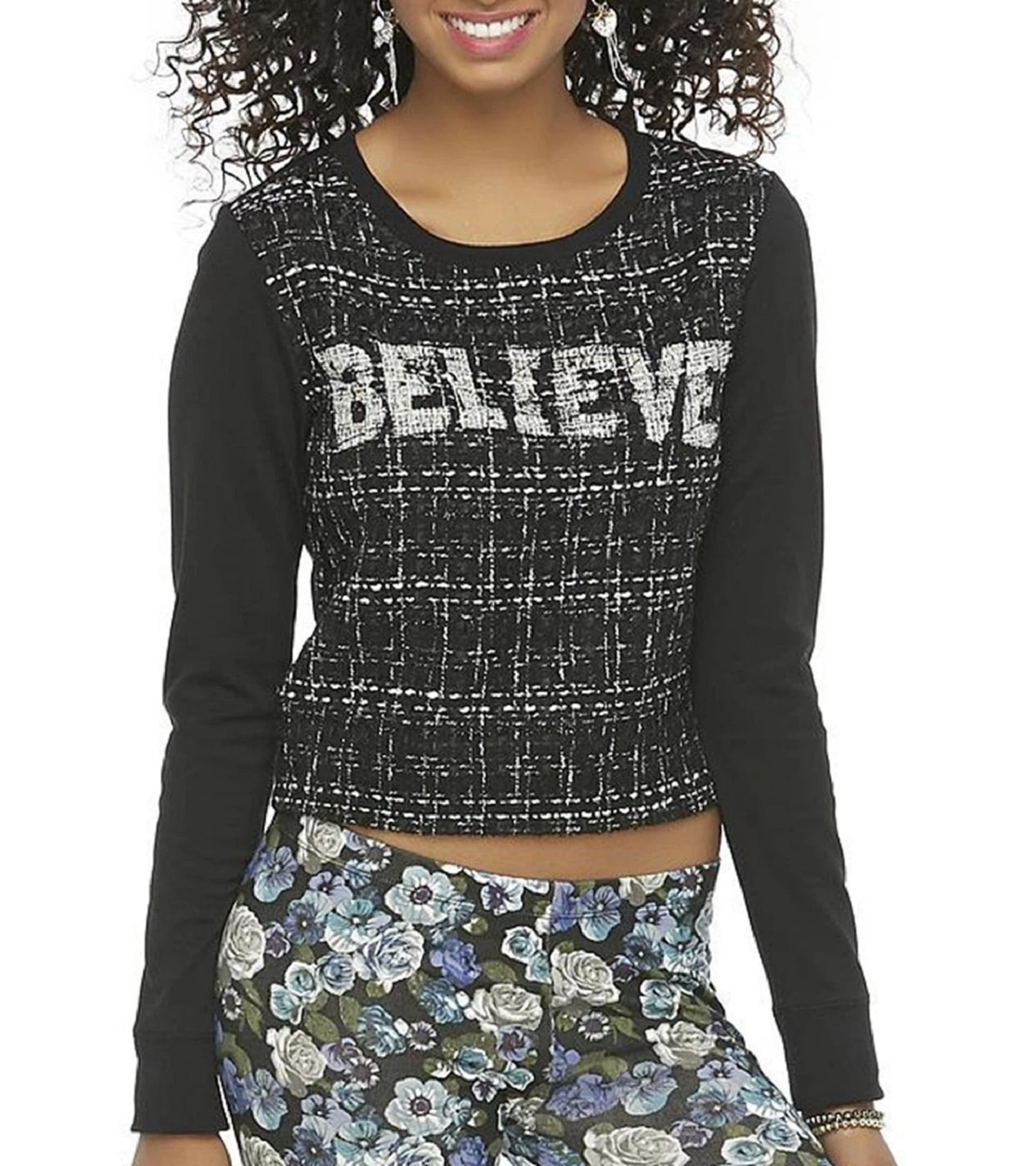 Seventeen Black Long Sleeve Boucle Crop Sweatshirt 