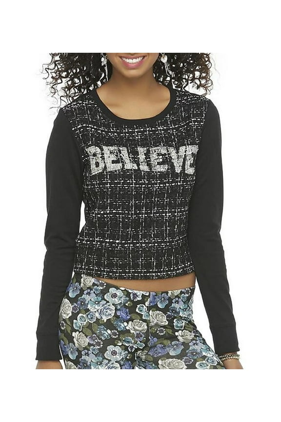 Black Long Sleeve Boucle Crop Sweatshirt "BELIEVE" Juniors' Large