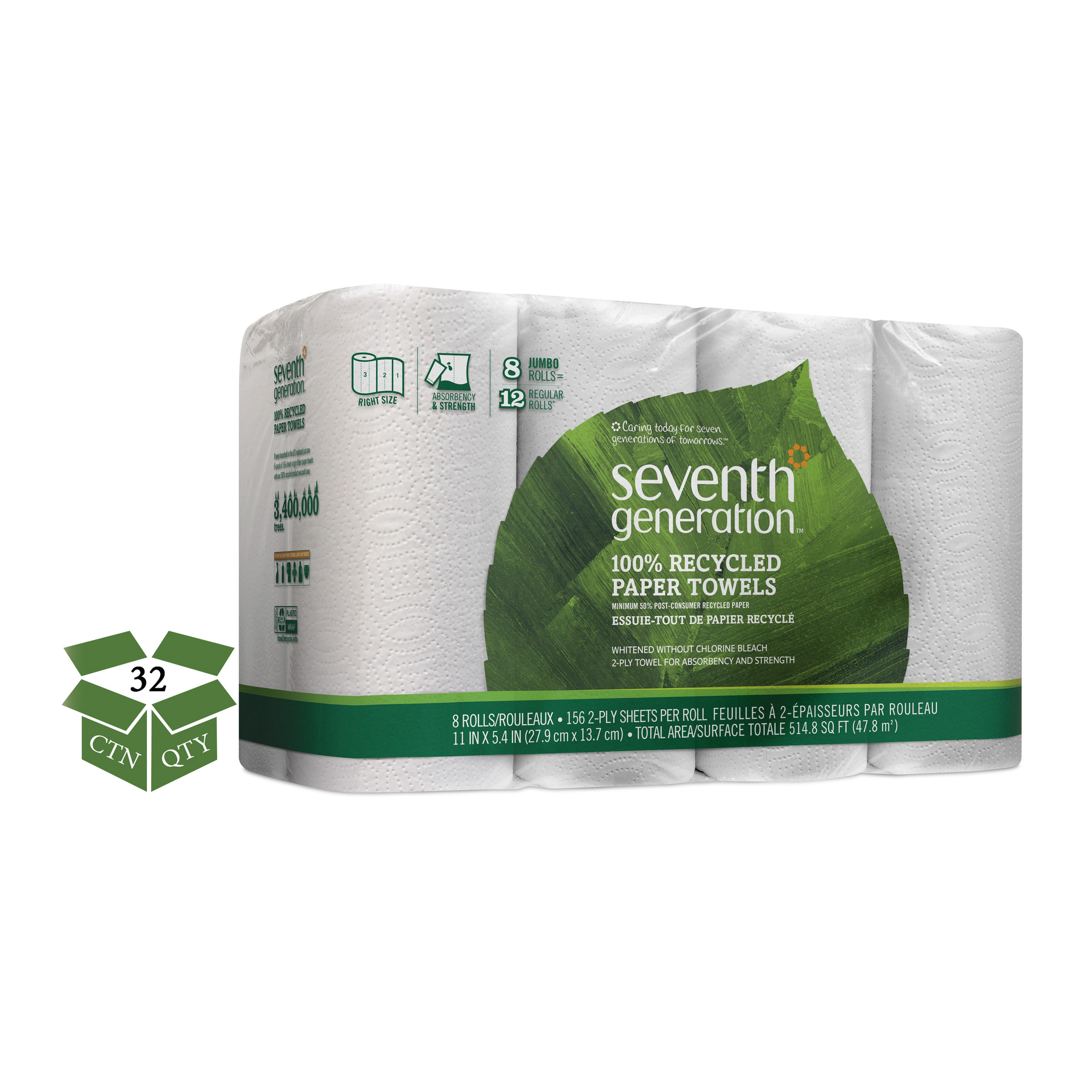 Seventh Generation 100% Recycled Paper Towel Rolls, 2-Ply, 11 x 5.4 Sheets, 156 Sheets/RL, 32RL/CT - image 1 of 2