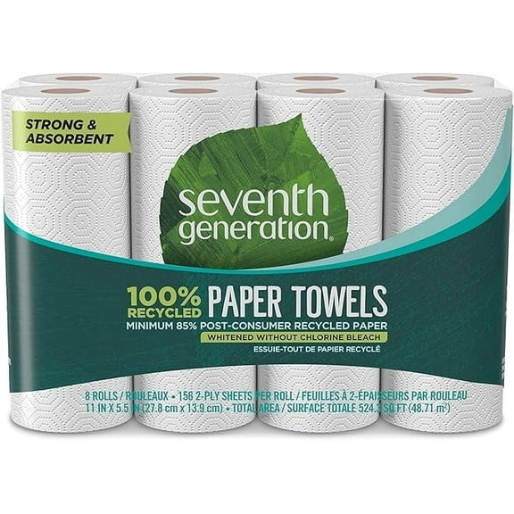 Seventh Generation 100% Recycled Paper Towel Rolls, 8 Rolls, 2-Ply, 11 x 5.4 Sheets, 156 Sheets/RL