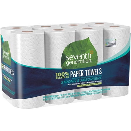Seventh Generation 100% Recycled Paper Towels - 2 Ply - 156 Sheets/Roll - White - Paper - Absorbent, Chlorine-free, Chemical-free, Dye-free, Fragrance-free - 8 / Pack | Bundle of 10 Packs