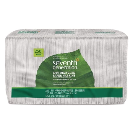 Seventh Generation 100% Recycled Napkins, 1-Ply, 11 1/2 x 12 1/2, White, 250/Pack
