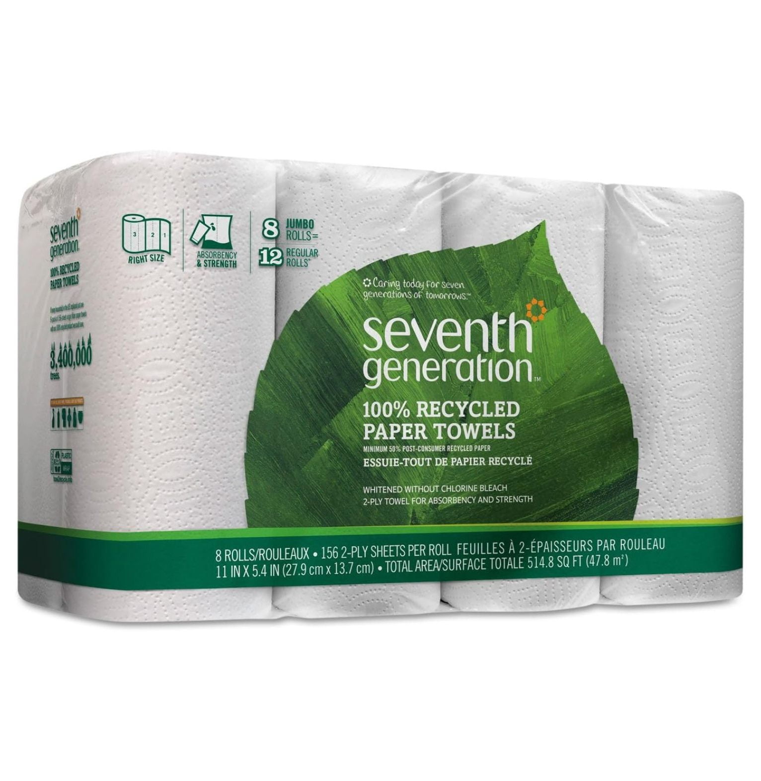 Seventh Generation 13739PK 100% Recycled Paper Towel Rolls, 2-Ply, 140 /, 8 /PK