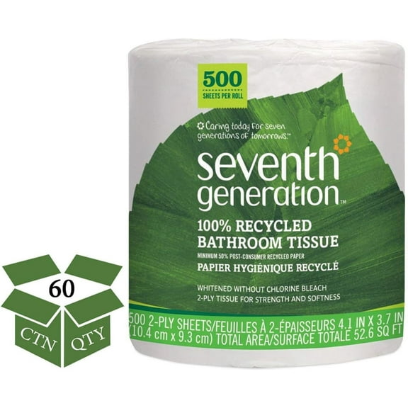 Seventh Generation Bathroom Tissue Paper, 500 sheets per roll -- 60 rolls per case.