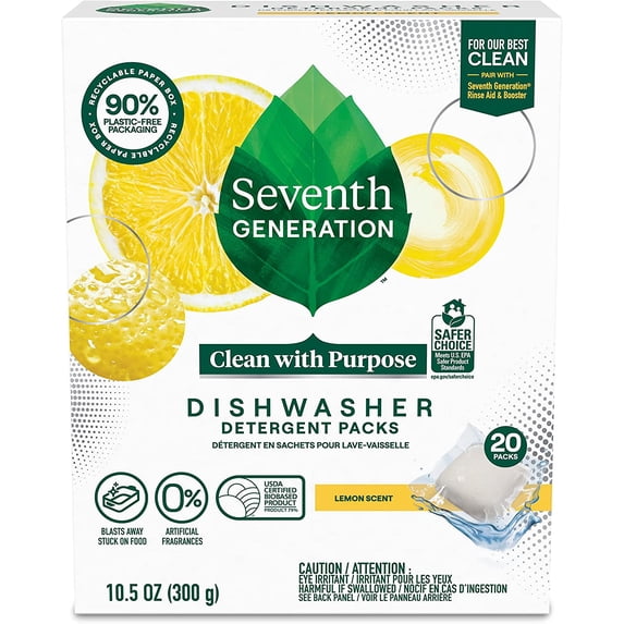 Seventh Generation Dishwasher Detergent Pods, Lemon Scent, Blasts Away Stuck-On Food, 20 Pods