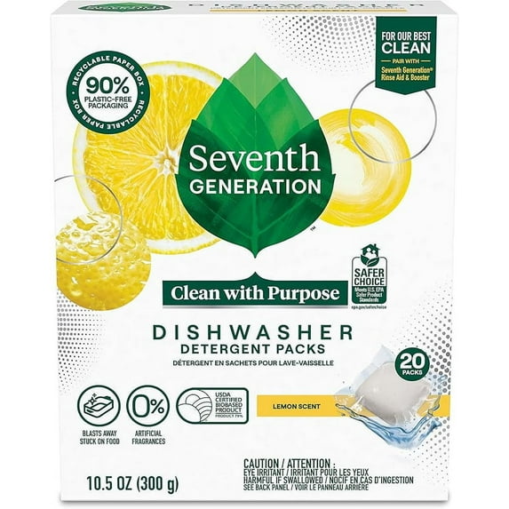 Seventh Generation Dishwasher Detergent Pods, Lemon Scent, Blasts Away Stuck-On Food, 20 Pods