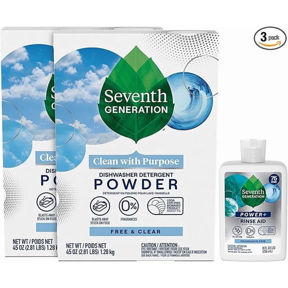 Seventh Generation Dishwasher Detergent Powder 2-Pack + Rinse Aid, Free & Clear, Biodegradable, Plant-Based & Fragrance-Free, Septic Safe (New Pack)