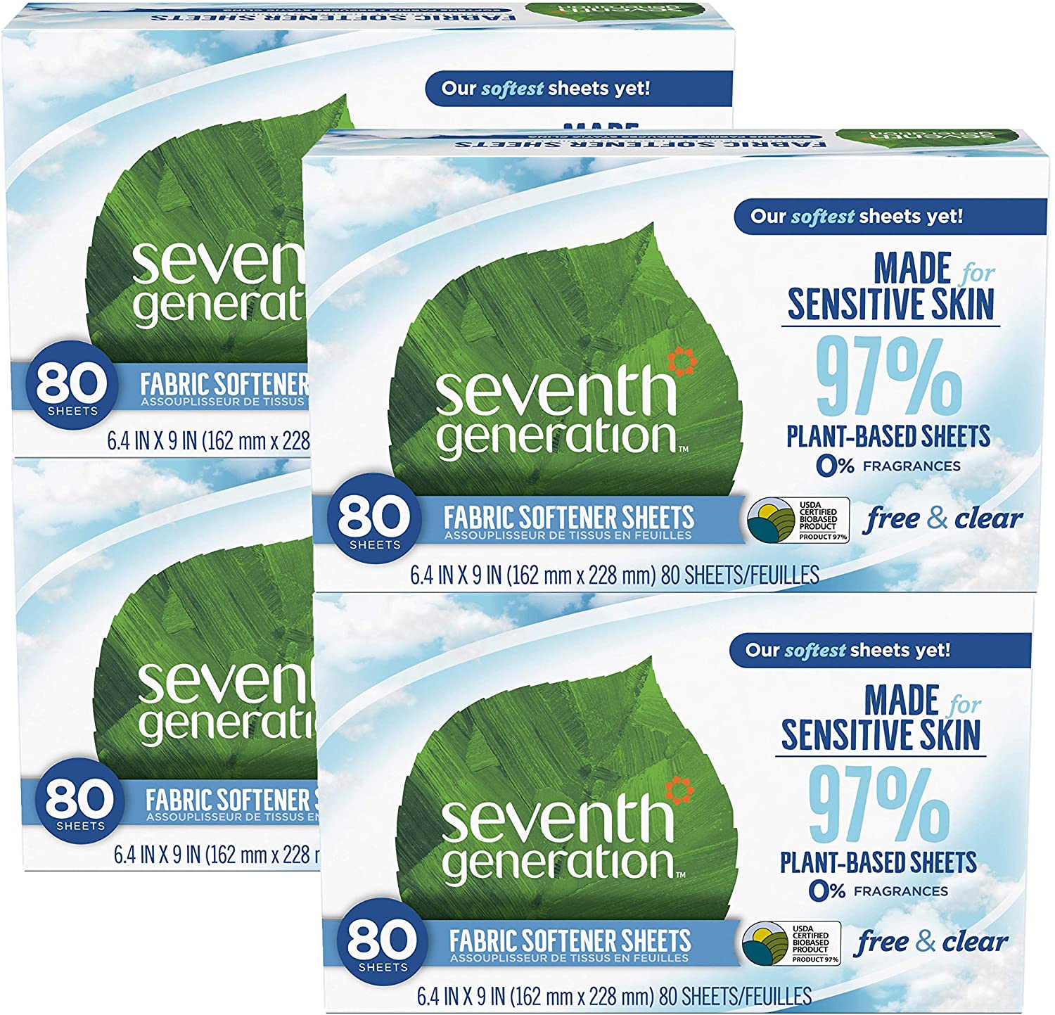 Seventh Generation Dryer Sheets, Fabric Softener, Free and Clear, 80