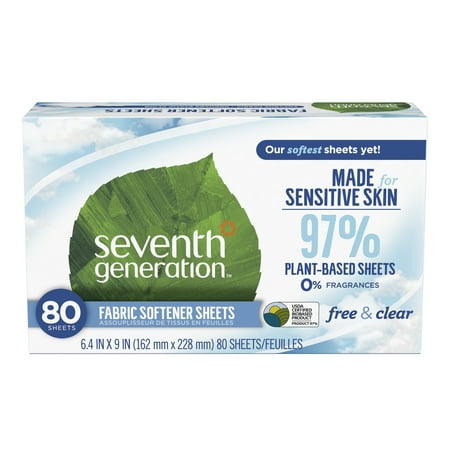 Seventh Generation Fabric Softener Dryer Sheets, Free and Clear, 80 Count
