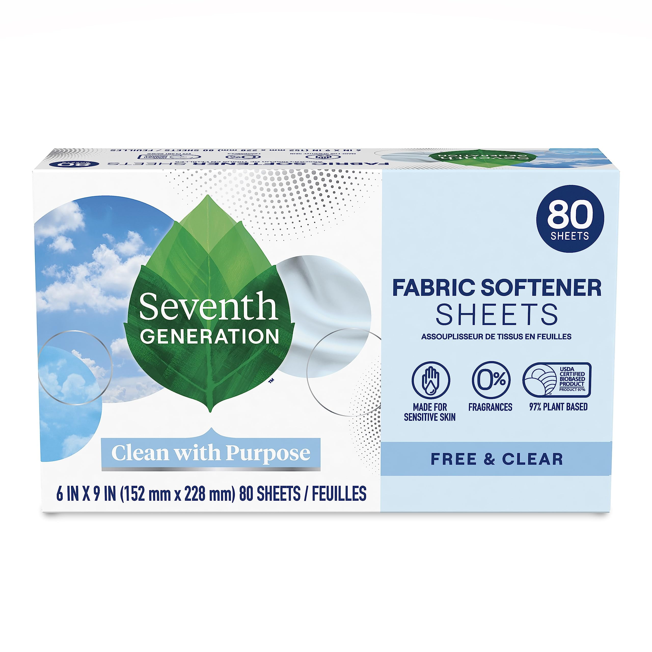 Seventh Generation Fabric Softener Sheets, Free And Clear, 80 Count