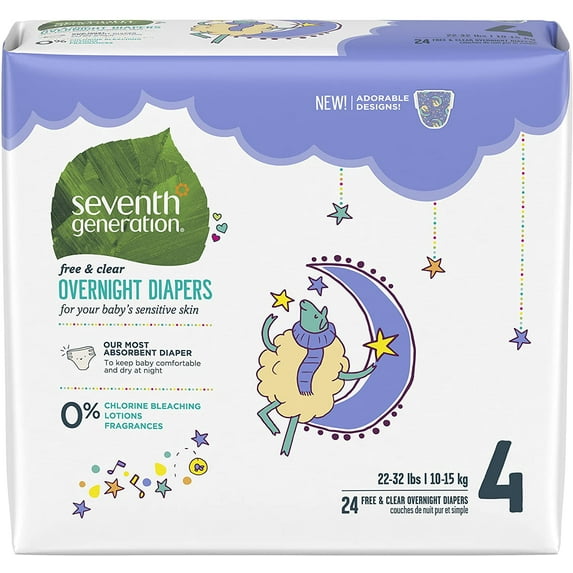 Seventh Generation Free & Clear Overnight Baby Diapers Stage 4, 22-32 lbs 24 count