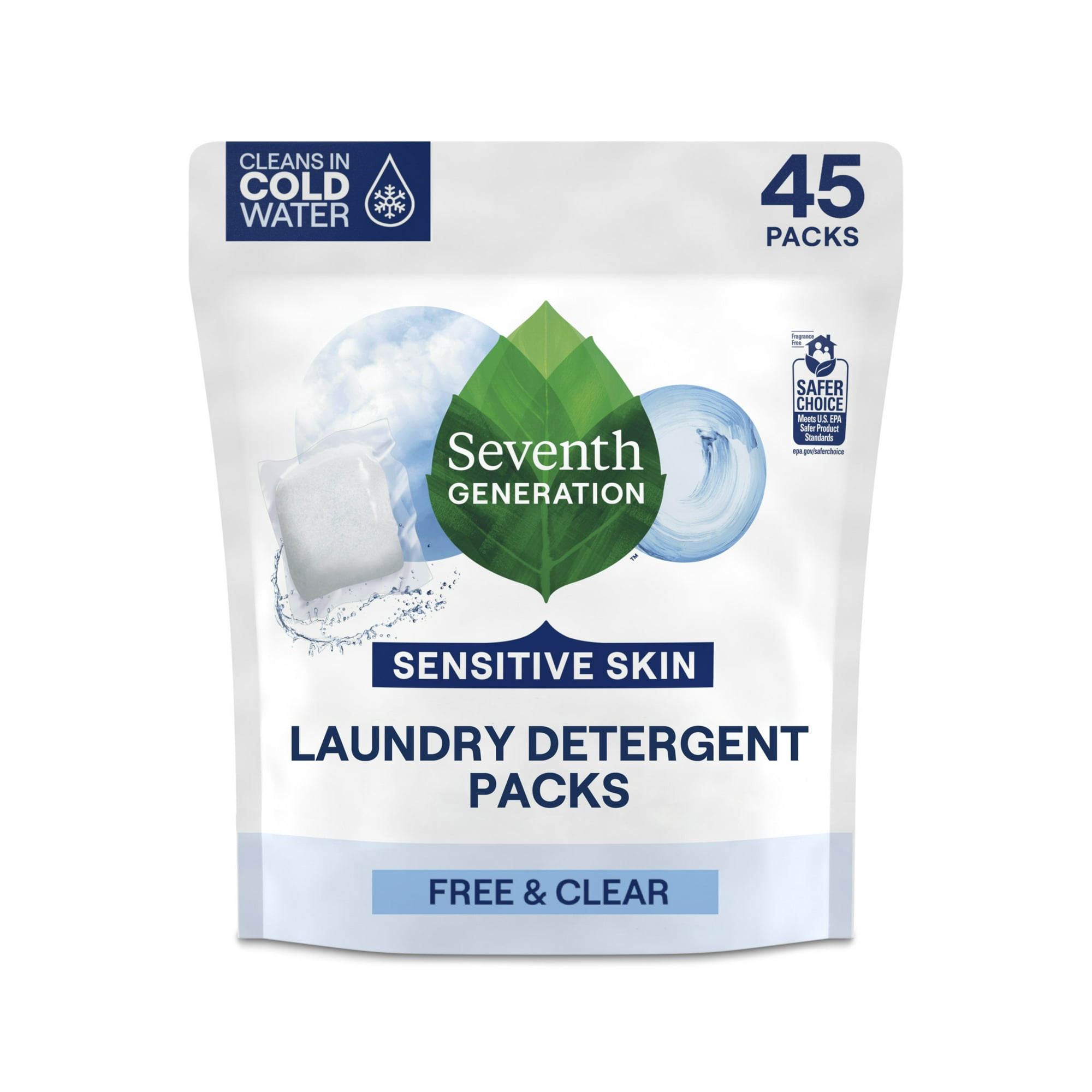 Blue and white package of Seventh Generation Free and Clear Laundry Detergent Packs