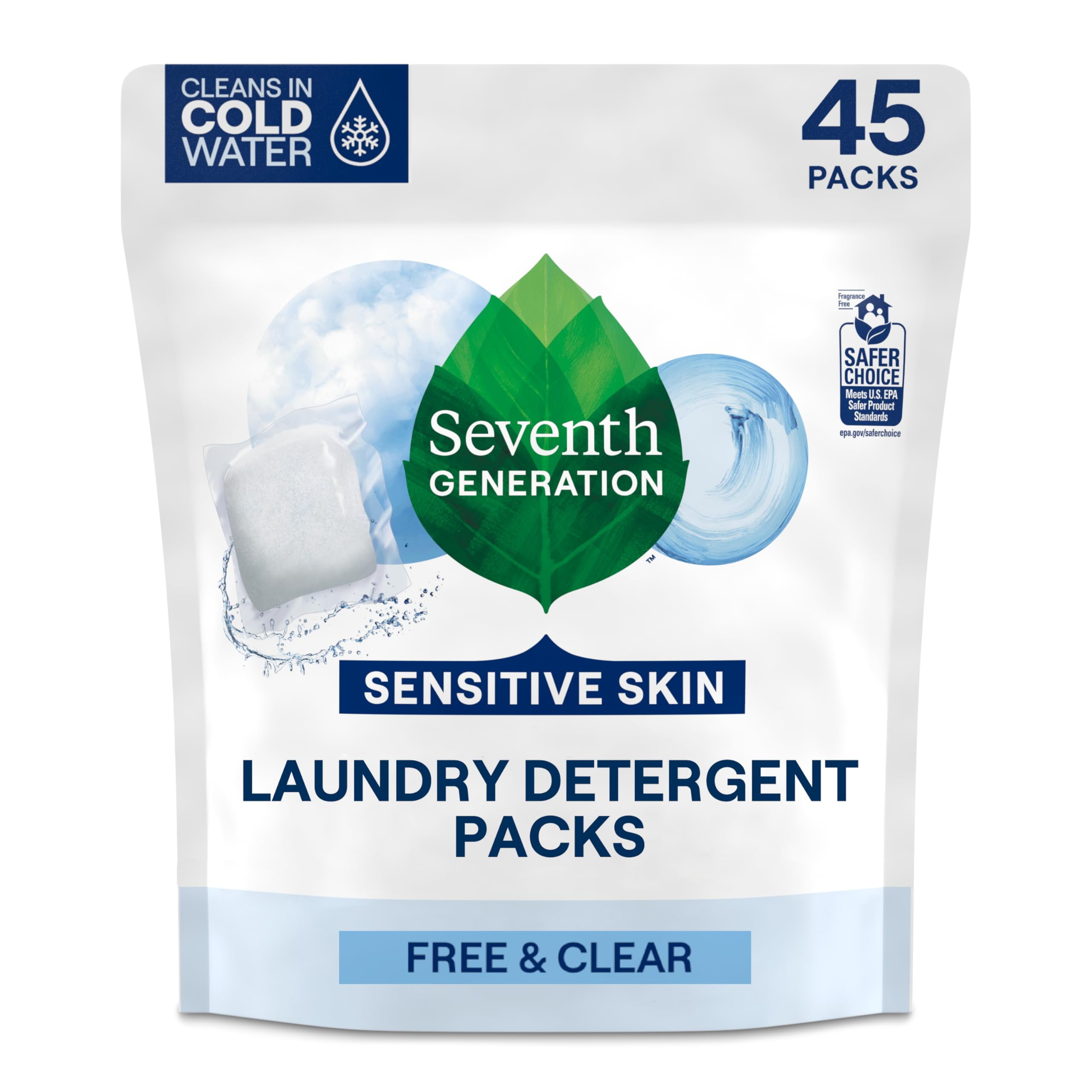 Seventh Generation Laundry Detergent Packs, Free \u0026 Clear, Made for Sensitive Skin, 45 Count