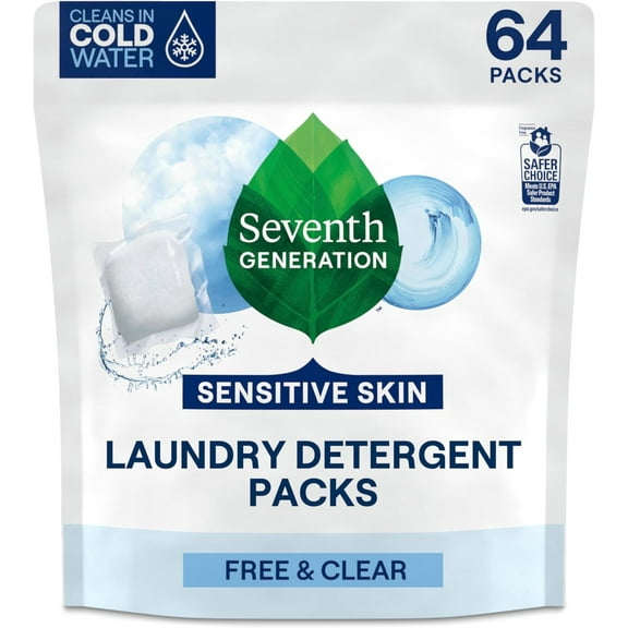 Seventh Generation Laundry Detergent Packs, Free & Clear, Made for Sensitive Skin, 64 Count