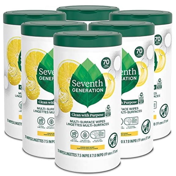 Seventh Generation Multi Surface Wipes All Purpose Cleaning Lemon Zest scent with 100% Essential Oils and Botanical Ingredients 70 count, Pack of 6