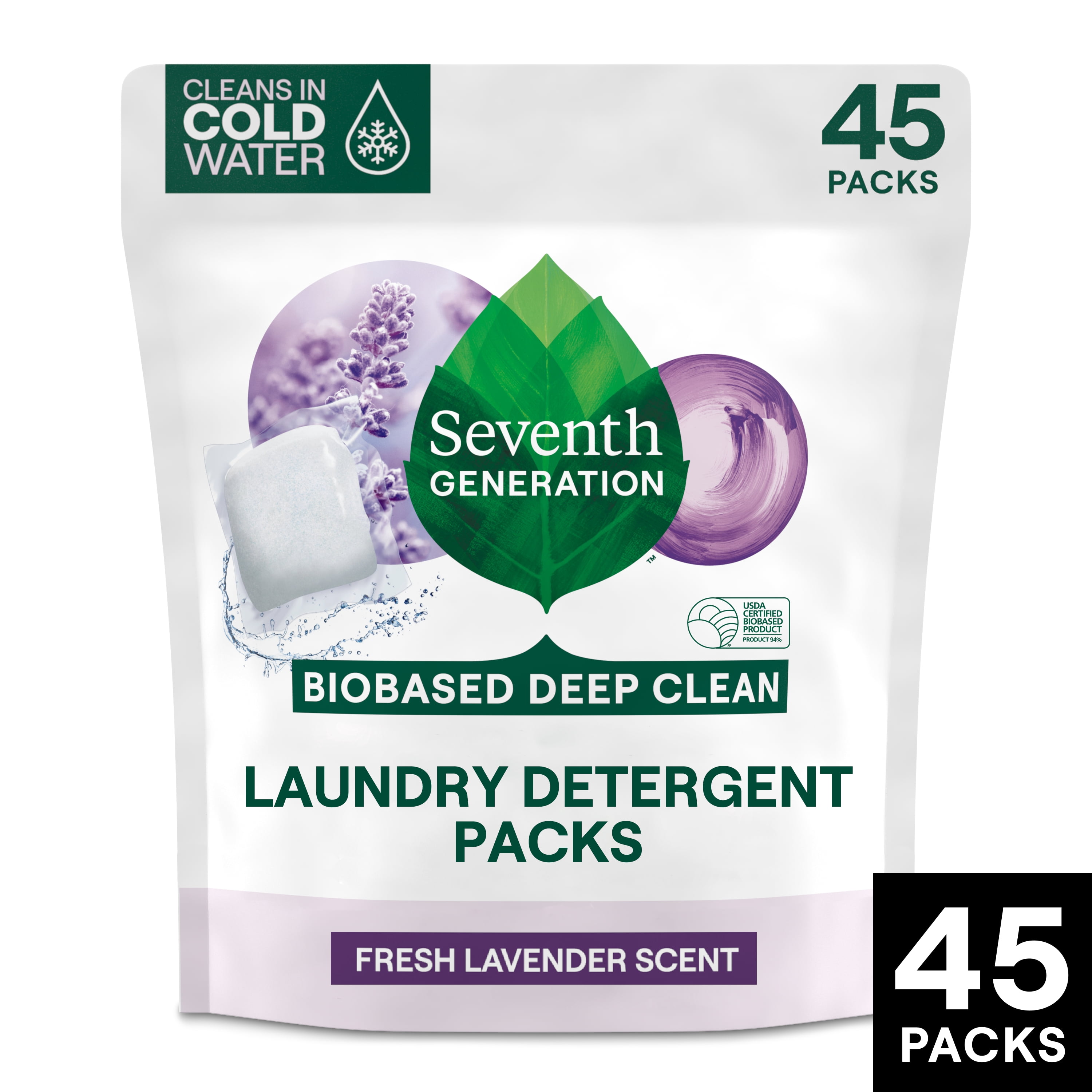 Seventh Generation Natural Laundry Detergent Packs, Powder, Lavender Scent, 45 Packets/Pack, 8/Carton