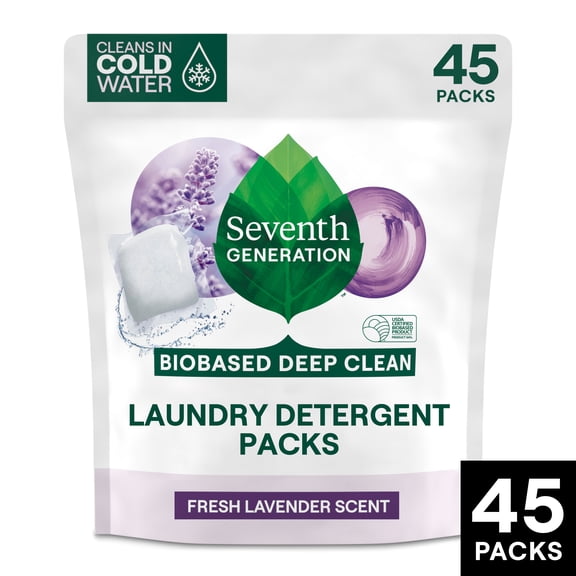 Seventh Generation Natural Laundry Detergent Packs, Powder, Lavender Scent, 45 Packets/Pack, 8/Carton