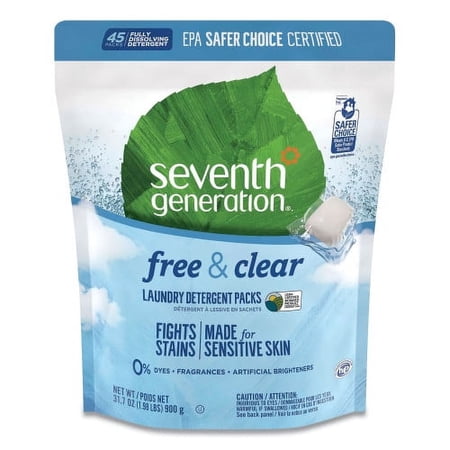 Seventh Generation Natural Laundry Detergent Packs, Powder, Unscented, 45 Packets/Pack, Each