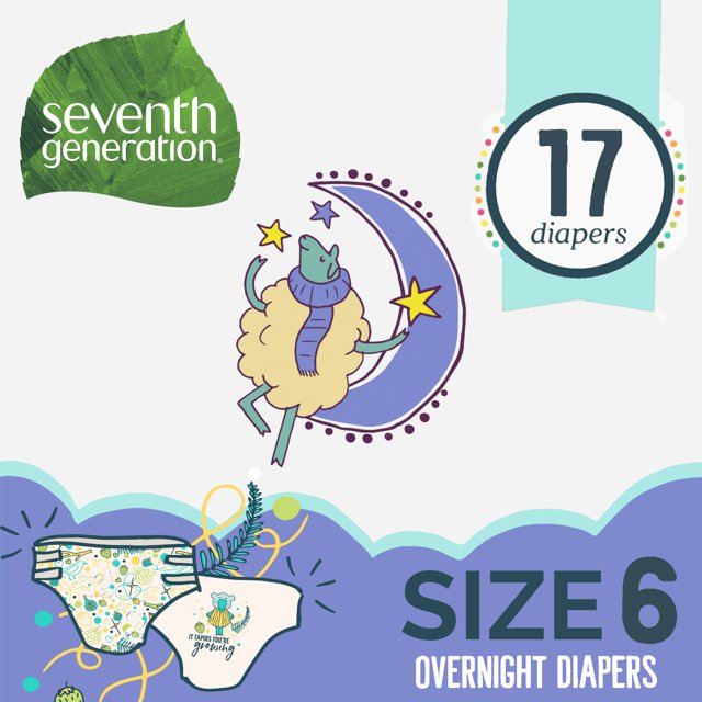 Seventh Generation Overnight Baby Diapers, Free & Clear, Size 6, 35