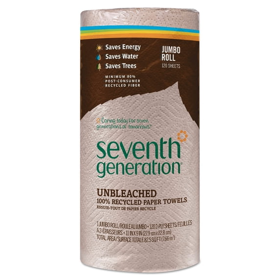 Seventh Generation Natural Unbleached 100% Recycled Paper Towel Rolls, 11 x 9, 120 Sheets/Roll