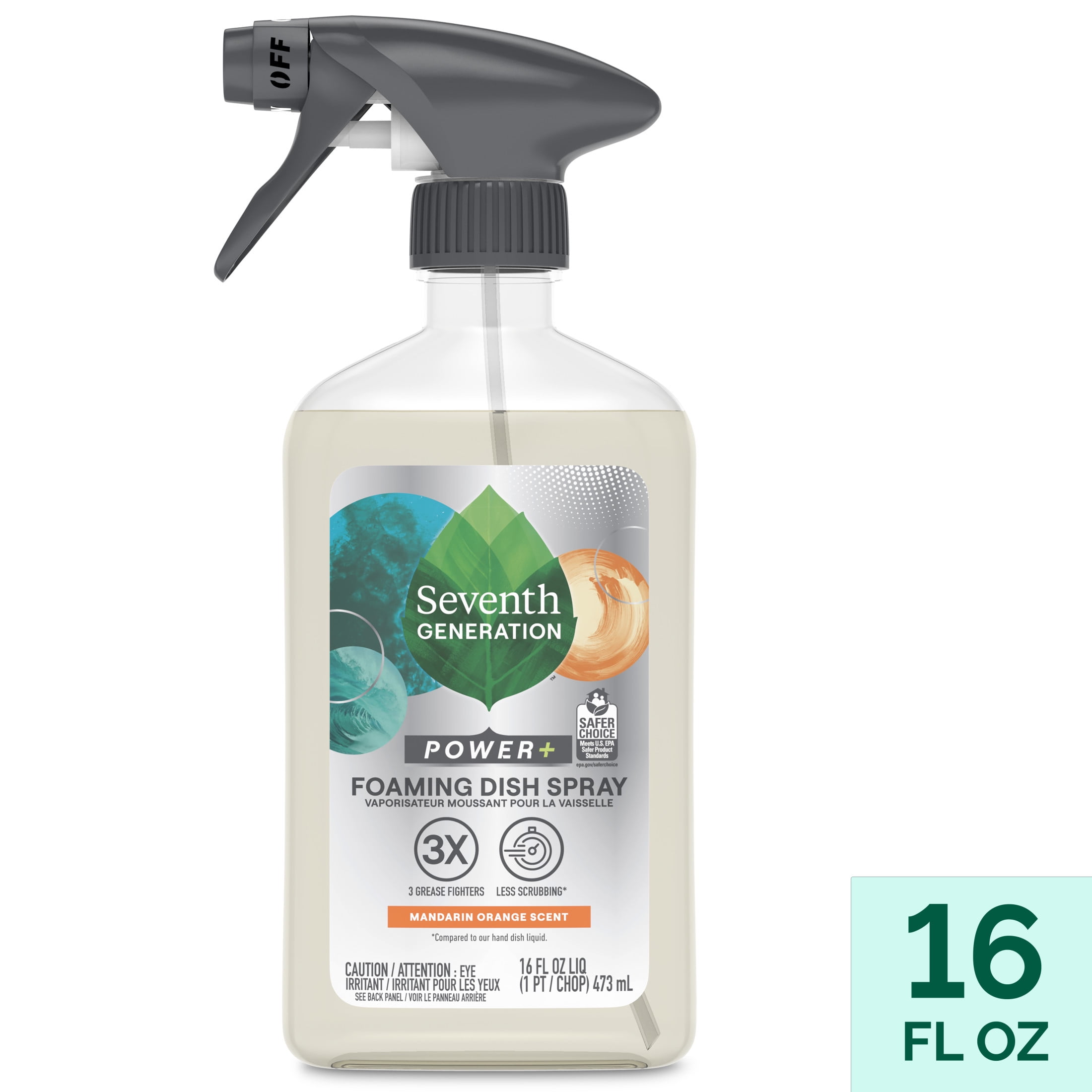 Seventh Generation Power+ Foaming Dish Spray Dishwashing Liquid Soap, Mandarin Orange Scent, 16 oz