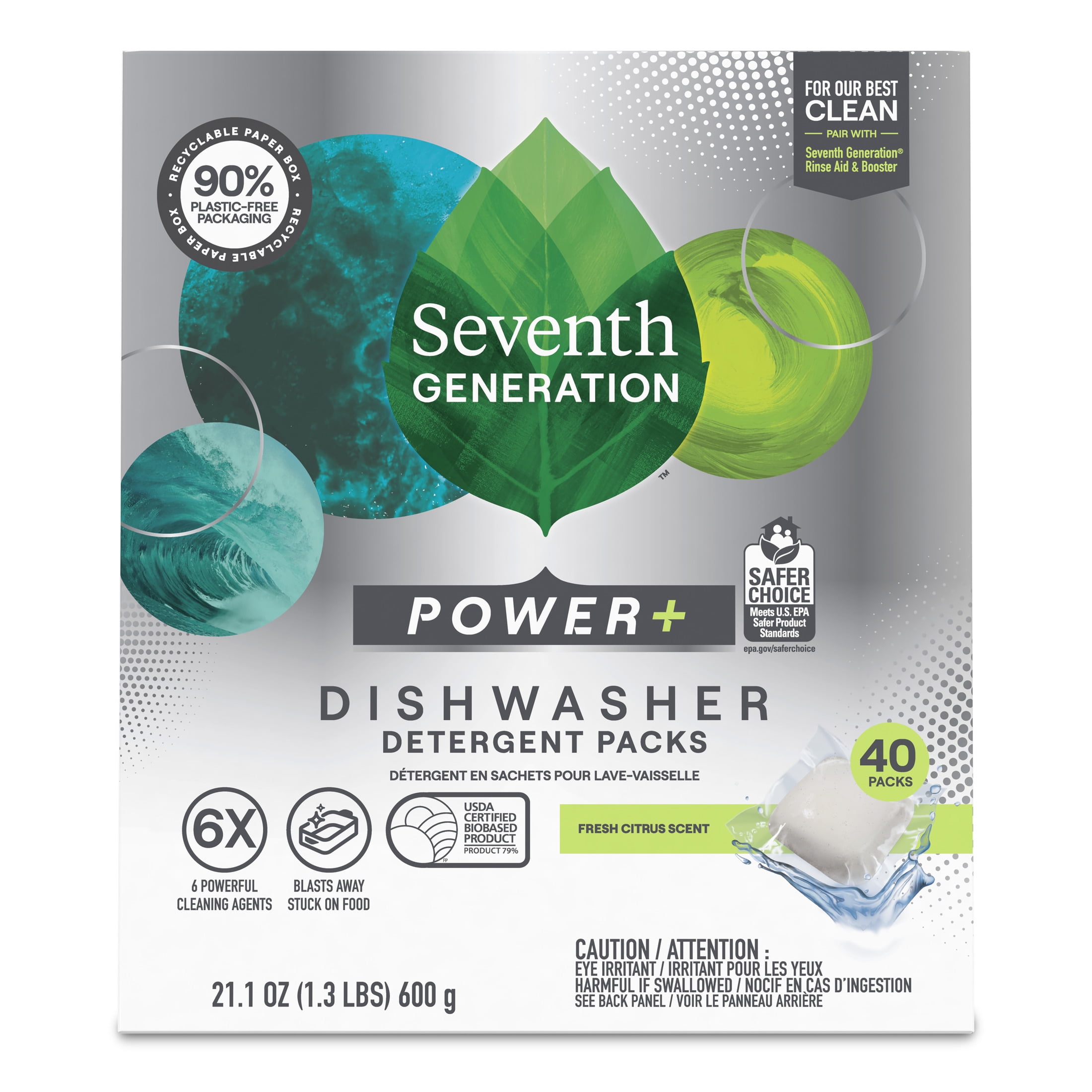 Seventh Generation Power Plus Dishwasher Detergent Packs, Fresh Citrus, 40 Count