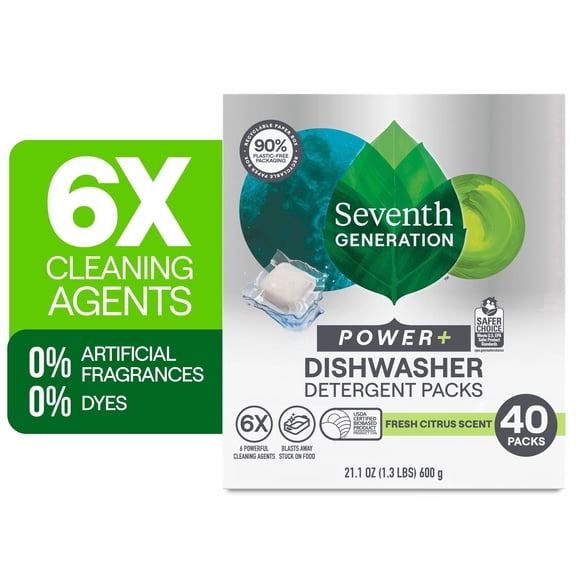 Seventh Generation Power Plus Dishwasher Detergent Pods, Fresh Citrus, 40 Count