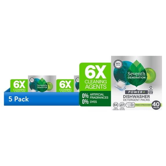 (5 pack) Seventh Generation Power Plus Dishwasher Detergent Packs For Sparkling Dishes Fresh Citrus Scent Dishwasher Tabs 40 Count
