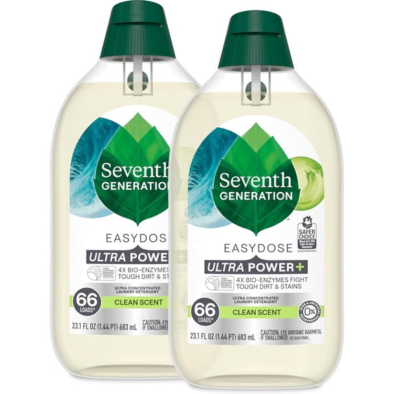 Seventh Gention Laundry Detergent Ultra Concentrated Clean Scent oz 2 Pack 132 Loads, Clear, Power Plus, 23.1 Ounce