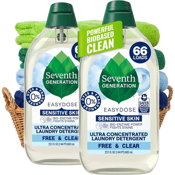Seventh Gention Ultra Concentrated Free & Clear Laundry Detergent, 23.1 fl oz, 2 Pack, No Dyes or Fragrance, EasyDose Cap, Sensitive Skin Liquid Laundry Soap Targets Stains and Everyday Messes