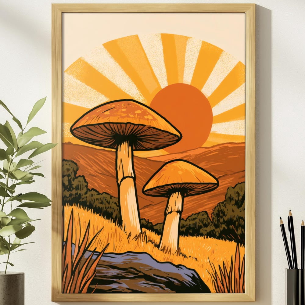 Seventies Mushroom Sunburst Landscape Fungi Retro Vintage Poster ...