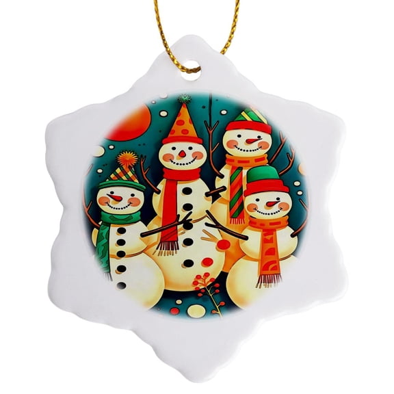 3drose, Seventies Style Snowmen Christmas Design Black Outline Art, 3 inch Snowflake Porcelain Ornament